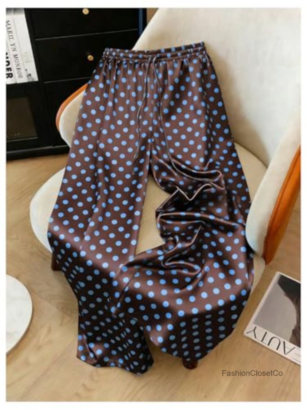 Wide Leg Satin Pants Elastic Drawstring Lounge Trousers Polka Dot - Picture 3 of 4
